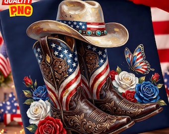 4th of July PNG: Patriotic Cowgirl Boots Hat Floral Butterfly Brushstroke American Flag Western Sublimation Design