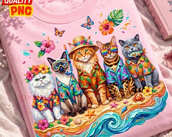 Summer Cats PNG: Colorful Brushstroke Funny Tropical Hawaiian Floral Beach Design