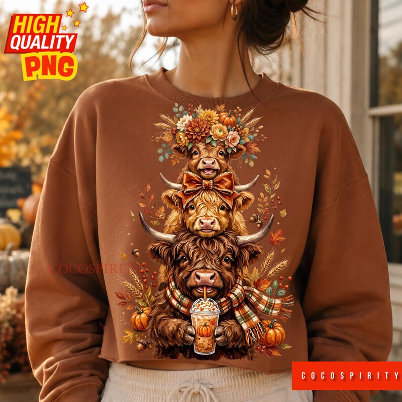 May include: A brown crewneck sweatshirt featuring a graphic of three stacked Highland cows. The top cow wears a floral crown, the middle cow has a bow, and the bottom cow wears a plaid scarf while holding a pumpkin-themed iced coffee drink.