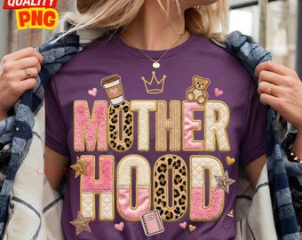 Motherhood PNG Sublimation, Pink Leopard Mom Design, Faux Embroidery   Coquette Mothers Day Sublimation Design