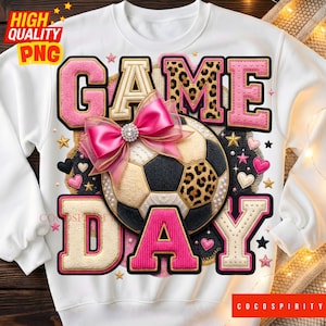 Soccer Game Day PNG, Faux Embroidery Pink Bow Leopard Sports Soccer Sublimation Design, Digital Download