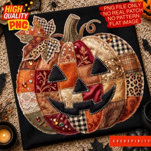Kürbis PNG, Faux Patchwork Stickerei Halloween Boho Jack O Lantern, Leopard Gingham Floral Pailletten Herbst Sublimation Design Digital Download