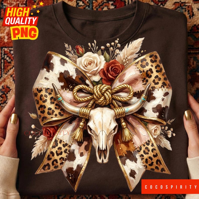 May include: Brown t-shirt with a decorative design featuring a cow skull, a large bow with a leopard print and cowhide pattern, roses, and wheat. The design includes gold rope and tassels. The text "COCOSPIRITY" is at the bottom.