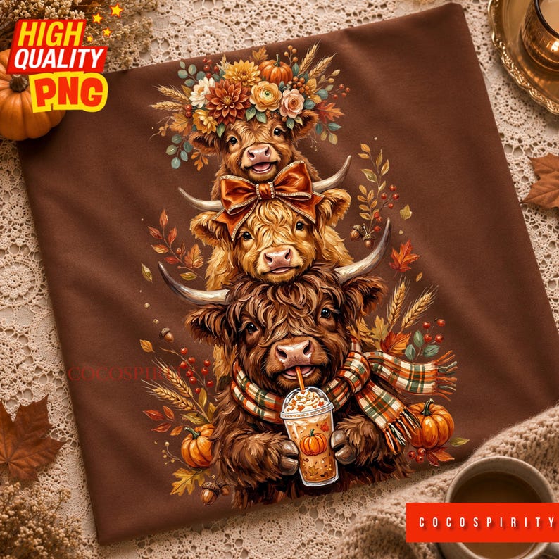 May include: A brown t-shirt featuring a graphic illustration of three stacked Highland cows. The top cow wears a floral crown, the middle cow has a bow, and the bottom cow wears a plaid scarf while holding a pumpkin-themed iced coffee cup.