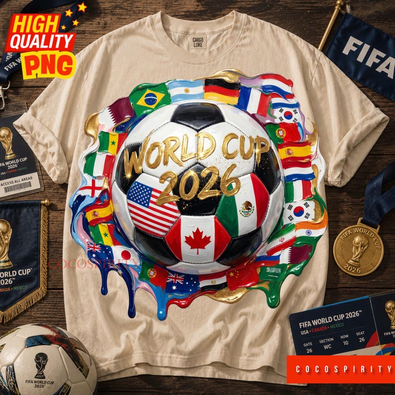 World Cup 2026 PNG is a bold and vibrant football artwork featuring a realistic 3D soccer ball surrounded by the flags of iconic competing nations. USA, Mexico, Canada, Brazil, Argentina, Germany, and more are all painted in a stunning dripping paint style with explosive splashing colors. The iconic golden glittering World Cup 2026 lettering sits proudly at the center, radiating championship energy that soccer fans worldwide will absolutely love