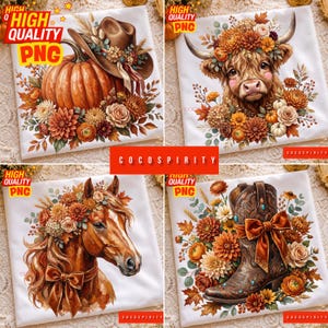 Peut inclure: Un ensemble de quatre carrés de tissu blanc présentant des illustrations sur le thème de l'automne : une citrouille avec un chapeau de cowboy, une vache highland avec une couronne florale, un cheval à la crinière fleurie et une botte de cowboy avec un nœud, entourés de fleurs d'automne.
