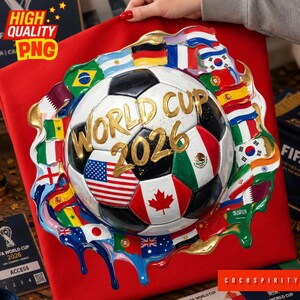 World Cup 2026 PNG is a bold and vibrant football artwork featuring a realistic 3D soccer ball surrounded by the flags of iconic competing nations. USA, Mexico, Canada, Brazil, Argentina, Germany, and more are all painted in a stunning dripping paint style with explosive splashing colors. The iconic golden glittering World Cup 2026 lettering sits proudly at the center, radiating championship energy that soccer fans worldwide will absolutely love