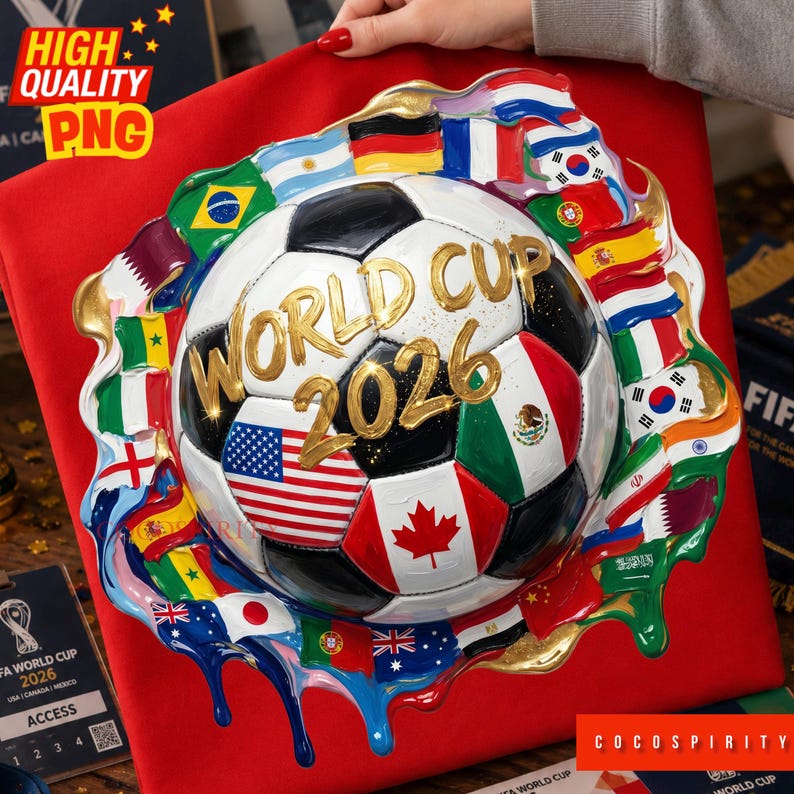 World Cup 2026 PNG is a bold and vibrant football artwork featuring a realistic 3D soccer ball surrounded by the flags of iconic competing nations. USA, Mexico, Canada, Brazil, Argentina, Germany, and more are all painted in a stunning dripping paint style with explosive splashing colors. The iconic golden glittering World Cup 2026 lettering sits proudly at the center, radiating championship energy that soccer fans worldwide will absolutely love