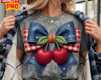 Cherry Bow PNG : Denim Summer Vichy Bow, Grandmacore Cottagecore broderie Coquette Sublimation Design, téléchargement numérique