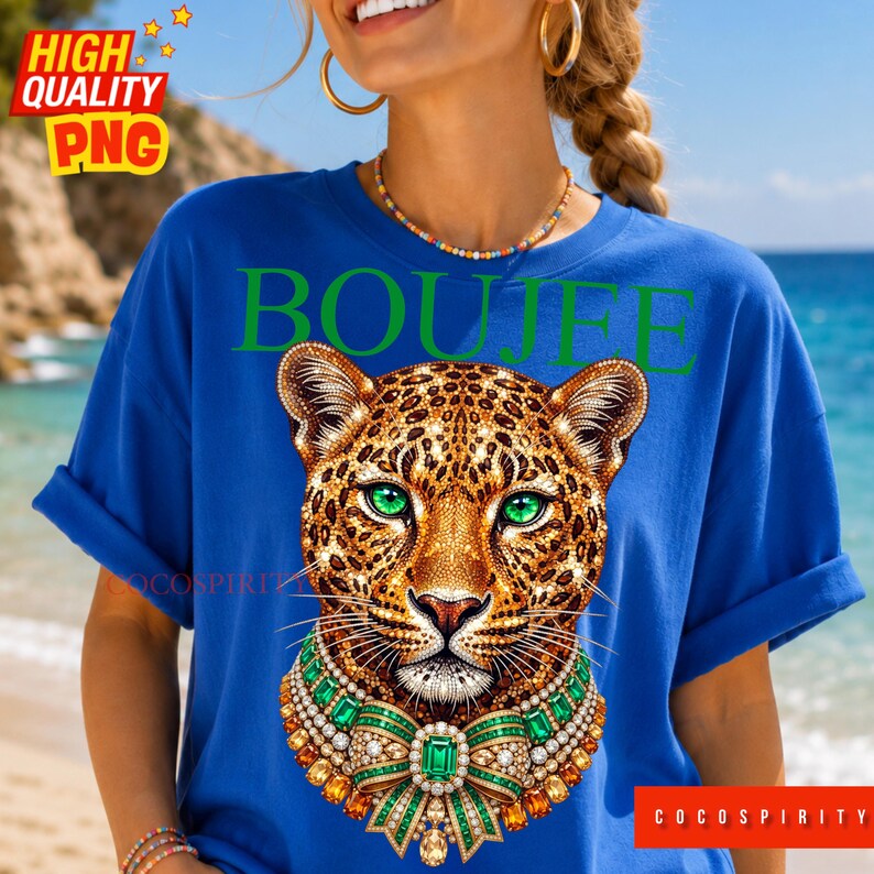 Create the ultimate statement pieces with this luxurious Boujee jeweled leopard sublimation design bundle! This glamorous set includes two stunning color variations—emerald green and sapphire blue—featuring a jaguar head completely encrusted in sparkling diamonds and intricate gold details. Perfectly capturing the trendy maximalist aesthetic, these high-quality PNGs