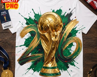 Może przedstawiać: Biała koszulka z złotym wzorem trofeum FIFA World Cup i liczbą "26" w kolorze złotym, na tle zielonych plam farby. Koszulka zawiera napis "FIFA WORLD CUP 2026".