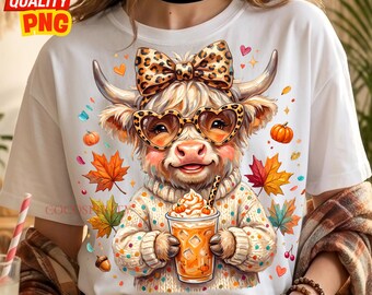 Highland Cow Fall PNG, Pumpkin Spice Iced Coffee Sublimation, Leopard Bow Coquette Graphic, Cozy Autumn Sweater Shirt, Digital Download