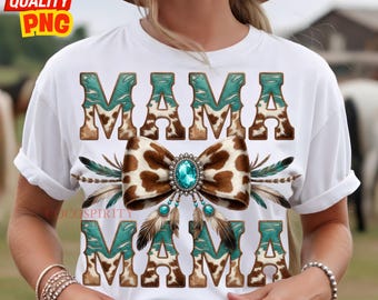 Western Mama PNG, Turquoise Bow Leopard Leather Print Sublimation, Cowgirl Glam Rhinestone Mom Faux Embroidery for Mother’s Day Shirt