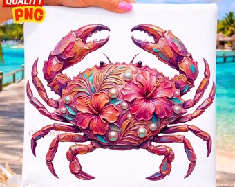 Coastal Crab PNG: Summer Tropical Ocean Brushstroke Pearl Floral Sublimation Design
