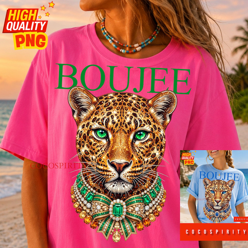 Create the ultimate statement pieces with this luxurious Boujee jeweled leopard sublimation design bundle! This glamorous set includes two stunning color variations—emerald green and sapphire blue—featuring a jaguar head completely encrusted in sparkling diamonds and intricate gold details. Perfectly capturing the trendy maximalist aesthetic, these high-quality PNGs