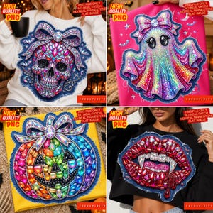 Può includere: Un set di design grafici digitali che include quattro illustrazioni distinte: un teschio con fiocco, un fantasma con fiocco, una zucca con fiocco e labbra da vampiro con zanne, ognuna con un vivace effetto strass multicolore.