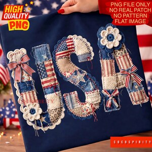 USA Patchwork PNG, Patriotic Grandmacore Vintage Coquette Americana Denim Quilt, Crochet Sublimation Design, Trending Digital Download