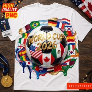 World Cup 2026 PNG is a bold and vibrant football artwork featuring a realistic 3D soccer ball surrounded by the flags of iconic competing nations. USA, Mexico, Canada, Brazil, Argentina, Germany, and more are all painted in a stunning dripping paint style with explosive splashing colors. The iconic golden glittering World Cup 2026 lettering sits proudly at the center, radiating championship energy that soccer fans worldwide will absolutely love