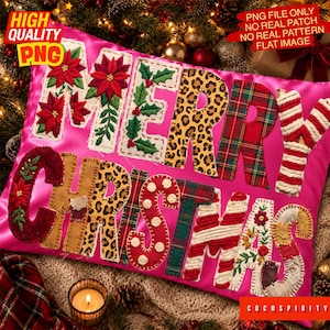 Könnte beinhalten: Eine digitale Grafik mit dem Schriftzug Merry Christmas in verschiedenen Texturen und Mustern, darunter gestickte Weihnachtssterne, Stechpalmenblätter, Leopardenmuster, rot-grünes Schottenkaro und rot-weiße Zuckerstangenstreifen auf rosa Grund.