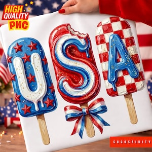 May include: A white surface displays three popsicle designs spelling "USA" in red, white, and blue. The "U" is blue with red stars, the "S" is red and white striped, and the "A" is blue with a checkered pattern. The image includes the text "HIGH QUALITY PNG" and "COCOSPIRITY".