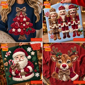 Könnte beinhalten: Eine Sammlung von vier digitalen Designs mit festlichen Feiertagsmotiven, darunter ein Weihnachtsbaum mit Leopardenmuster-Schleife, drei Nussknacker, der Weihnachtsmann und ein Rentier, dargestellt auf verschiedenen Sweatshirts.