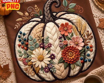 Fall Floral Pumpkin PNG: Faux Yarn Cozy Autumn Thanksgiving Design, Instant Digital Download