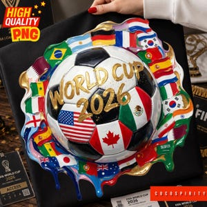 World Cup 2026 PNG is a bold and vibrant football artwork featuring a realistic 3D soccer ball surrounded by the flags of iconic competing nations. USA, Mexico, Canada, Brazil, Argentina, Germany, and more are all painted in a stunning dripping paint style with explosive splashing colors. The iconic golden glittering World Cup 2026 lettering sits proudly at the center, radiating championship energy that soccer fans worldwide will absolutely love