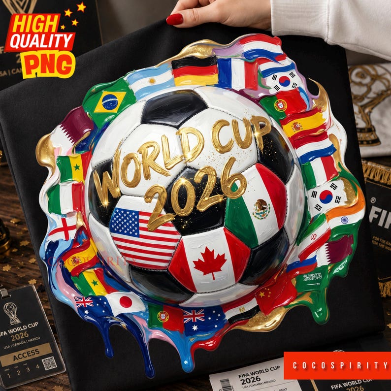 World Cup 2026 PNG is a bold and vibrant football artwork featuring a realistic 3D soccer ball surrounded by the flags of iconic competing nations. USA, Mexico, Canada, Brazil, Argentina, Germany, and more are all painted in a stunning dripping paint style with explosive splashing colors. The iconic golden glittering World Cup 2026 lettering sits proudly at the center, radiating championship energy that soccer fans worldwide will absolutely love