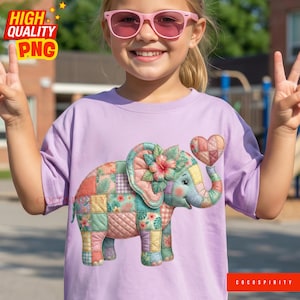 May include: A light purple t-shirt featuring a colorful patchwork elephant design with a heart-shaped balloon. The elephant has floral accents and is holding a heart. The shirt has the text "HIGH QUALITY PNG" in the upper left corner.