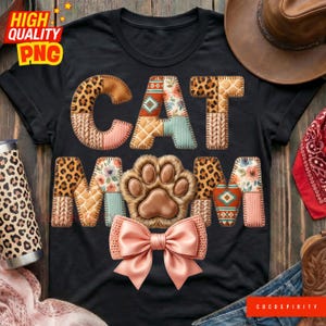 Cat Mom PNG: Patchwork Leopard Floral Design, Western Boho Sublimation Trending Download