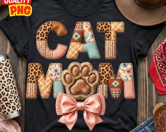 Cat Mom PNG: Patchwork Leopard Floral Design, Western Boho Sublimation Trending Download