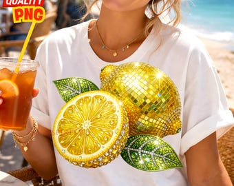 Rhinestone Summer Lemon PNG: Glam Lemon Clipart, Beach Sparkle Bling Crystal Mosaic Jewel Sublimation Design