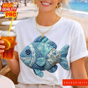 Fish PNG: Preppy Coastal Floral Polca Dot Blue Patchwork Ocean Summer Graphic Sublimation Design