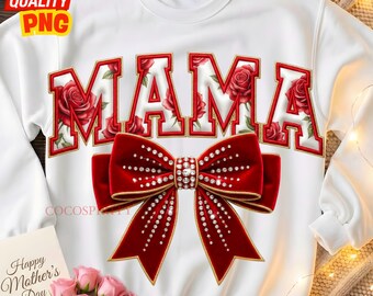 Floral Mama Bow PNG: Faux Red Toile Lettering Mothers Day, Red Velvet Rhinestone Bow, Sublimation Design, Digital Download