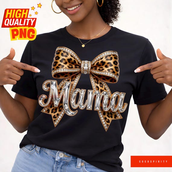 Leopard Bling Mama PNG, Coquette Bow Rhinestone Crystal Mosaic Jewel Letters Sparkle DTF Design