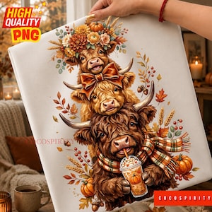 May include: A white surface featuring a vertical illustration of three stacked Highland cows. The top cow wears a floral crown, the middle cow has a large orange bow, and the bottom cow wears a plaid scarf while holding a pumpkin-themed drink.