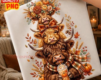 Fall Highland Cow Stack PNG, Pumpkin Spice Iced Coffee Graphic, Western Autumn Floral Bow Sublimation, Cute Cow Digital Download