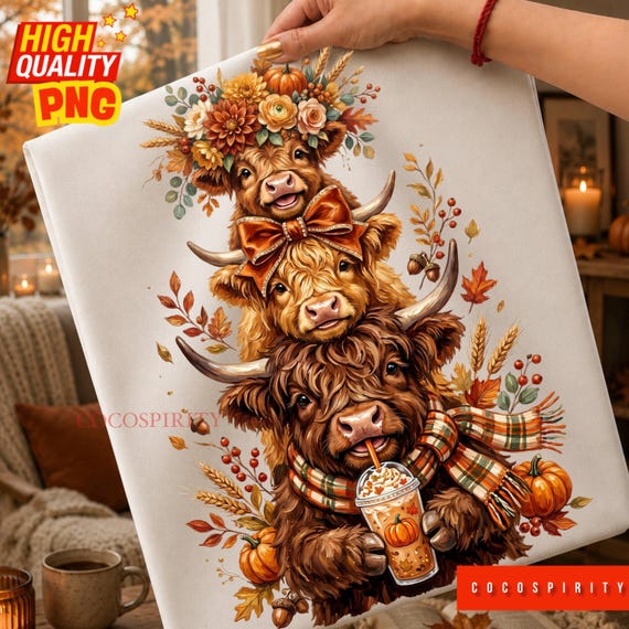 Fall Highland Cow Stack PNG, Pumpkin Spice Iced Coffee Graphic, Western Autumn Floral Bow Sublimation, Cute Cow Digital Download