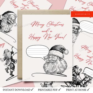 Leuke vintage set kerstkaarten Prettige kerstdagen en een gelukkig nieuwjaar Afdrukbare digitale download Kerstman Gepersonaliseerde notitieruimte