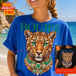 Create the ultimate statement pieces with this luxurious Boujee jeweled leopard sublimation design bundle! This glamorous set includes two stunning color variations—emerald green and sapphire blue—featuring a jaguar head completely encrusted in sparkling diamonds and intricate gold details. Perfectly capturing the trendy maximalist aesthetic, these high-quality PNGs