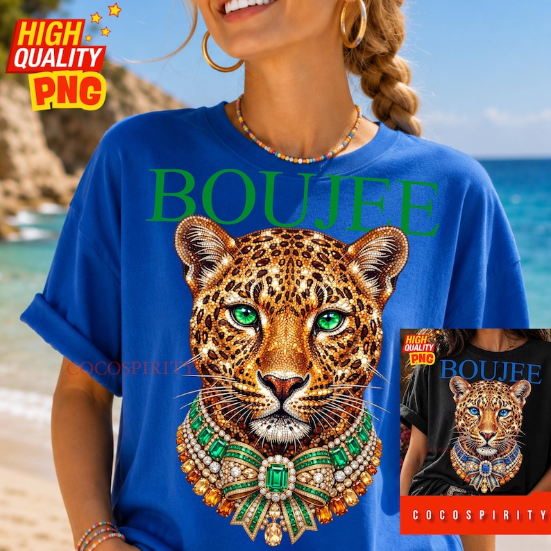 Create the ultimate statement pieces with this luxurious Boujee jeweled leopard sublimation design bundle! This glamorous set includes two stunning color variations—emerald green and sapphire blue—featuring a jaguar head completely encrusted in sparkling diamonds and intricate gold details. Perfectly capturing the trendy maximalist aesthetic, these high-quality PNGs