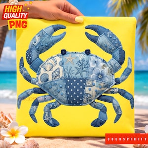 Summer Crab PNG: Patchwork Cottagecore Floral Embroidery Coastal Seafood Sublimation Design, Trending Digital Download