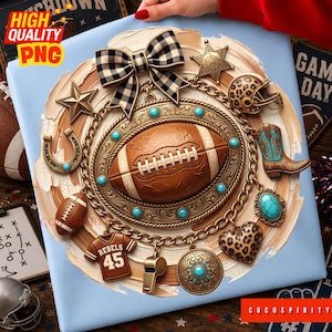 Western Football PNG, Game Day Charm Medallion Sublimation, Turquoise Jewelry Graphic, Leopard Coquette Bow, Football Mom Digital Download