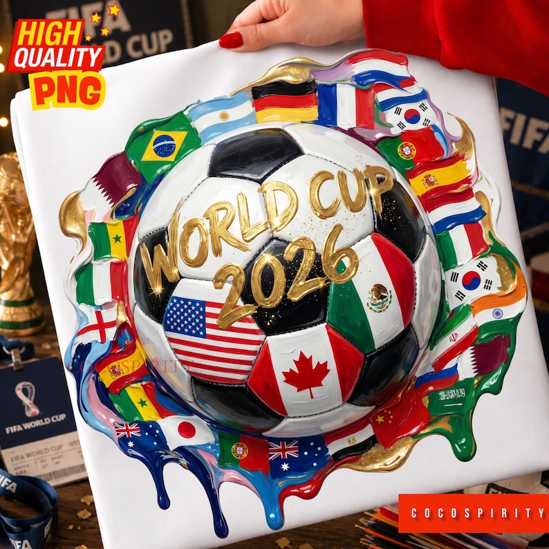 World Cup 2026 PNG is a bold and vibrant football artwork featuring a realistic 3D soccer ball surrounded by the flags of iconic competing nations. USA, Mexico, Canada, Brazil, Argentina, Germany, and more are all painted in a stunning dripping paint style with explosive splashing colors. The iconic golden glittering World Cup 2026 lettering sits proudly at the center, radiating championship energy that soccer fans worldwide will absolutely love