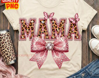 Leopard Mama PNG: Rhinestone Pearl Embroidery Coquette Bow Butterfly Glam Mom Sublimation Design, Digital Download