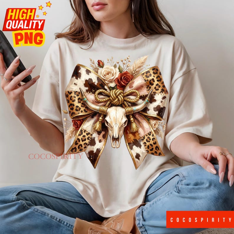 May include: A cream-coloured t-shirt with a large graphic of a cow skull with horns, a leopard print bow, and floral accents. The shirt has the text "HIGH QUALITY PNG" in the upper left corner and "COCOSPIRITY" at the bottom.