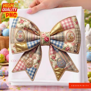 May include: A decorative bow with a patchwork design featuring Easter egg and bunny motifs. The bow incorporates gold, pink, blue, and cream colours, with floral and sequin accents. The text "HIGH QUALITY PNG" is visible in the upper left corner.