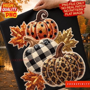 May include: A digital graphic design featuring three pumpkins and autumn leaves. One pumpkin has orange sequins with black dots, one has a black and white buffalo check pattern, and one has a leopard print. Text reads HIGH QUALITY PNG and COCOSPIRITY.