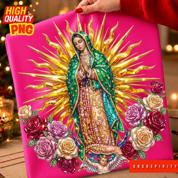 Virgin of Guadalupe Rhinestone PNG, Glam Catholic Gold Halo Floral Sublimation Design, Trending Digital Download