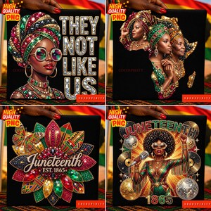 Pode incluir: Quatro imagens quadradas com arte negra. Uma apresenta uma mulher com um turbante adornado com joias com o texto "THEY NOT LIKE US". Outra mostra mulheres com toucados em forma de África. A terceira tem um desenho floral com "Juneteenth EST. 1865". A última tem uma mulher com um microfone e o texto "Juneteenth 1865".